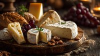 Gourmet cheese board with assorted cheeses, grapes, and nuts on rustic wooden platter, creating an elegant appetizer spread for wine pairing.