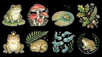 Cute frog sticker set with mushrooms, lily pad, tadpoles, ferns, and oak branch, isolated on transparent background, ready for clipart, stickers, and t-shirt design.