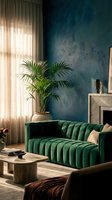 Modern living room with emerald green velvet sofa, textured teal wall, potted palm plant, sheer curtains, wooden coffee table, and fireplace for contemporary interior design projects.