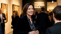 Professional businesswoman networking at corporate art gallery event with colleagues discussing modern paintings in elegant venue.