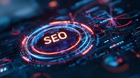 Glowing SEO text in center of futuristic digital interface with red and blue neon circles, abstract technology background for digital marketing and optimization.