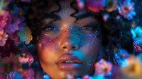 Young woman with cosmic galaxy makeup surrounded by vibrant flowers, creating a dreamy artistic portrait with colorful blue and pink lighting effects.