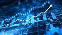 Financial market growth chart with rising white arrow on blue digital background showing stock market data and trading analytics for investment success.