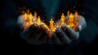 Magical glowing orange flames and sparks floating above cupped hands against dark background, creating mystical atmospheric effect for fantasy and spiritual designs.