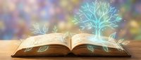 Open book with glowing magical trees emerging from pages, fantasy literature concept for education, storytelling, imagination, and creative learning environments.