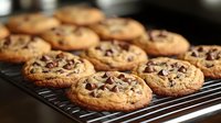Freshly baked chocolate chip cookies cooling on wire rack, golden brown with melted chocolate chunks, crispy edges and soft centers for food photography.