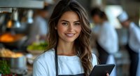 Young female restaurant worker in white apron holding digital tablet, smiling warmly at camera. Professional hospitality staff in modern dining establishment background.