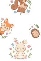 Cute woodland animals seamless pattern with rabbit, fox, squirrel and hedgehog surrounded by flowers and leaves on white background for nursery decor.