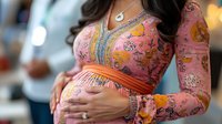 Pregnant woman in pink floral dress with orange sash tenderly holding baby bump, wearing silver necklace and engagement ring, capturing intimate maternal moment.