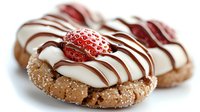 Heart-shaped donuts with white icing, chocolate drizzle and fresh strawberry toppings on white background, perfect for Valentine's Day celebrations.