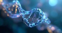 Glowing blue DNA helix structure with bokeh light effects on dark background, molecular biology and genetic research visualization for science and medicine.