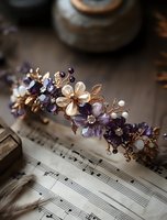Delicate purple and gold bridal crown with amethyst crystals, pearl flowers, and copper leaves resting on vintage sheet music, creating romantic wedding atmosphere.