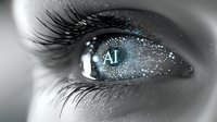 Female eye in black and white with glowing blue digital particles and AI text reflection in iris, representing artificial intelligence and future technology advancement.