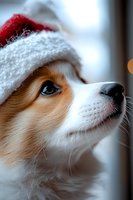 Adorable Shetland Sheepdog puppy wearing Santa hat looks up with hopeful expression, soft bokeh background creates festive holiday mood, close-up portrait shows detailed fur.