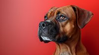Portrait of attentive Rhodesian Ridgeback dog with bright blue eyes against vibrant red background, showing noble expression and distinctive breed features.