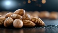 Raw whole almonds scattered on dark textured surface with soft bokeh lights and moody atmosphere, macro food photography with selective focus.