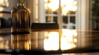 Empty glass bottle on wooden table with warm sunlight streaming through windows creating atmospheric reflections and golden bokeh effect in luxury interior setting.