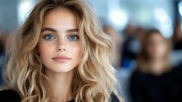 Young Caucasian woman with wavy blonde hair and blue eyes in soft focus portrait with blurred background. Natural makeup look for beauty and fashion advertising.
