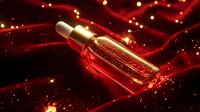 Luxurious cosmetic serum bottle with golden sparkles on red silk background with glowing particles and bokeh lights creating glamorous beauty product scene.