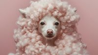 White chihuahua dog with curly pink wool wrapped around its head against pastel pink background, creating whimsical pet portrait for social media.