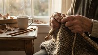 Senior woman hands knitting wool sweater by sunny window with coffee cup and books creating cozy autumn atmosphere for handmade crafts and relaxation.