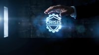 Crisis management strategy with hand holding glowing shield icon in dark corporate environment, representing business risk control and emergency response solutions.