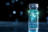 Glowing magical jar with sparkling blue lights and bokeh effect on dark background, mystical and ethereal atmosphere creates dreamy artistic composition.