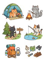 Cute cats enjoying outdoor camping adventures with tent, campfire, fishing, and gear isolated on white background for children's designs and clipart.