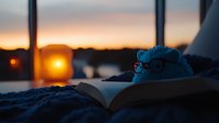 Reading book at sunset with glasses resting on open pages, silhouetted against orange sky and window view, creating cozy evening atmosphere for relaxation and study.