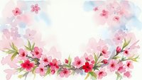 Watercolor cherry blossom flowers frame with soft pink petals and green leaves on pastel background for spring wedding invitations and romantic designs.