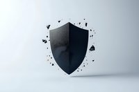 Black shield breaking apart with floating fragments against light background, symbolizing security breach or protection failure concept for cybersecurity designs.