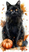 Black cat with amber eyes surrounded by autumn leaves and pumpkins, creating a seasonal Halloween or fall-themed illustration for greeting cards.