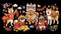 Cute dogs in Chinese New Year festive outfits with lanterns, coins, and lion dance costume, isolated on transparent background, great for clipart, stickers, and t-shirt design.