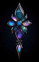 Ornate cross with iridescent gemstones in silver setting against dark background, featuring mystical blue and purple galaxy-like patterns within each crystal segment.