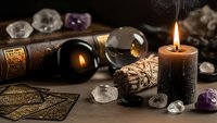 Mystical fortune telling setup with crystal ball, tarot cards, burning candle, sage bundle and healing crystals on wooden surface for spiritual guidance sessions.