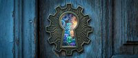 Ornate brass keyhole with glowing blue and green light shining through on weathered blue wooden door, symbolizing opportunity and discovery for design projects.