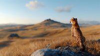 Majestic cheetah sitting on rock overlooking vast African savanna landscape at golden hour, wild cat surveying territory against mountain backdrop and dry grass.
