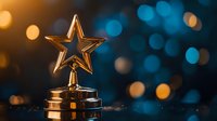Golden star trophy award on dark background with bokeh lights and reflective surface, dramatic studio lighting creates festive celebratory atmosphere.