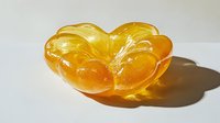 Glowing amber honey-colored glass bowl with organic petal-like curves casting dramatic shadows on white surface, elegant translucent design catches light dramatically.