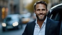 Confident mature businessman with beard wearing suit smiling outdoors in urban setting. Professional portrait with natural bokeh background and copy space.