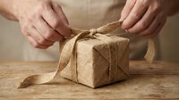 Caucasian male hands wrapping kraft paper box with twine on wooden surface for gift packaging, shipping, or eco-friendly present preparation.