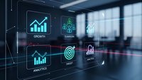 Modern business dashboard with holographic analytics icons displaying growth charts, teamwork symbols and target metrics in futuristic office environment.