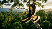 Majestic hornbill bird soaring over lush tropical rainforest canopy at golden hour with mountains in background for wildlife and nature conservation concepts.
