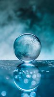 Crystal clear glass sphere reflecting turquoise water and smoky atmosphere, creating ethereal bokeh effect with water droplets and mirror reflection.