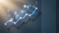 Glowing blue upward trending arrow graph with bokeh lights background representing business growth, financial success, and market performance analytics.