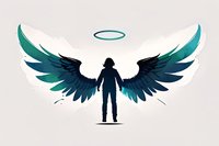 Silhouette of floating male figure with large turquoise and white angel wings and glowing halo against light background, spiritual and inspirational concept.