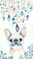 Watercolor French Bulldog puppy with dreamy blue and peach ornaments, leaves and hanging decorations on white background. For nursery art and greeting cards.