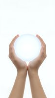 Cupped hands holding glowing white orb of light on clean background for spiritual healing energy protection concepts.