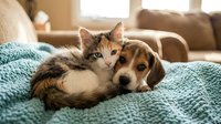 Young tabby kitten and brown beagle puppy resting together on teal knit blanket in cozy living room. Pets bonding and relaxing indoors.