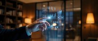 Businessman hand touching holographic financial data charts and graphs in modern office environment for business analytics and market research applications.